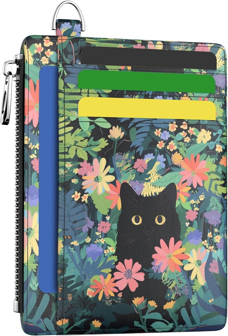 Hancynir Slim Wallet Women Credit Card Holder Flower Black Cat Green RFID Small Mini Card Case Front Pocket PU Leather Thin Travel Zipper Coin Cash ID Window Girls Wallet Gifts - Image 1